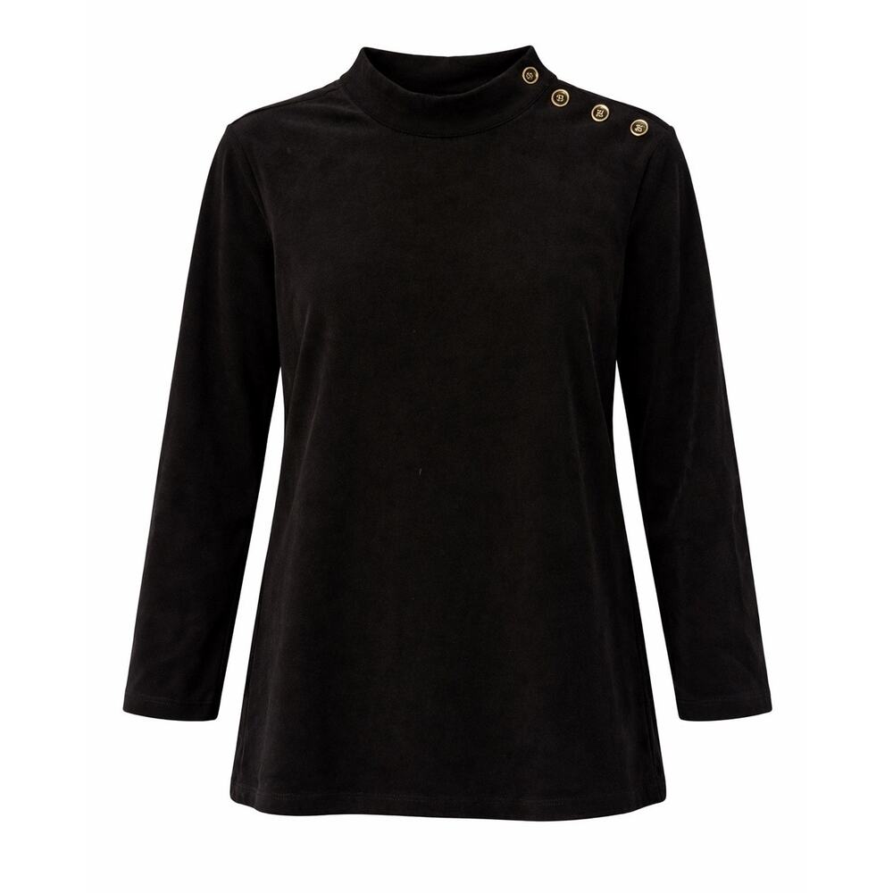 J. McLaughlin Black Mock Neck Faux Suede Top Gold Button Shoulder Detail - Large